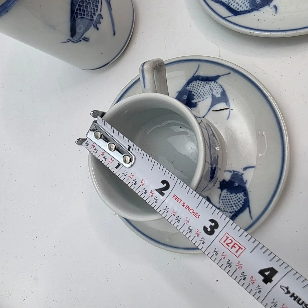 Pier 1 Blue White Koi Fish Ceramic Tea Tumblers and Espresso Cup Saucer Set